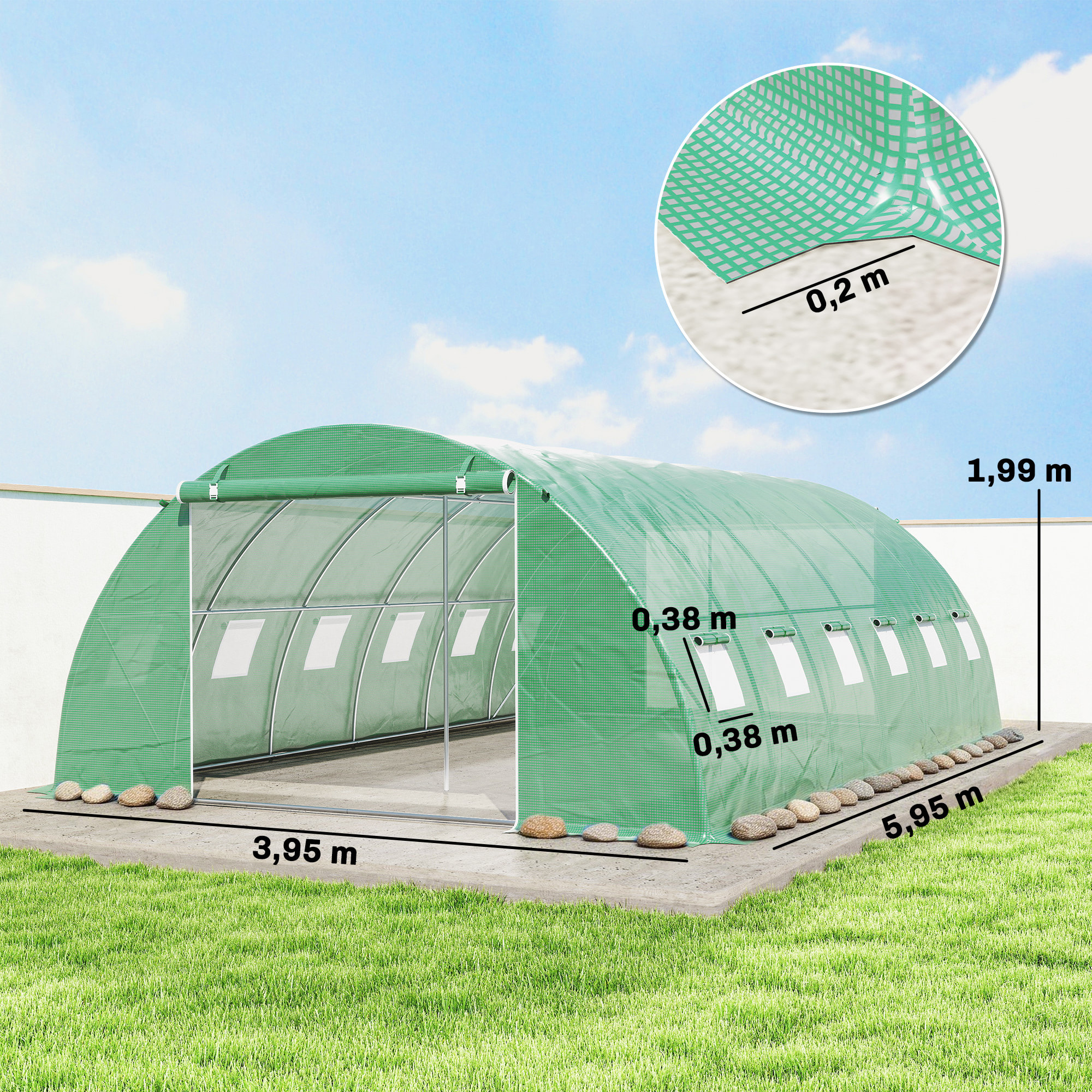 Invernadero de Exterior 6x4x2 m, Invernadero de Túnel con 2 Varillas de Soporte, Puertas Enrollables, Ventanas de Malla, Cubierta PE y Marco de Acero Galvanizado, Anti-UV, Impermeable, Verde