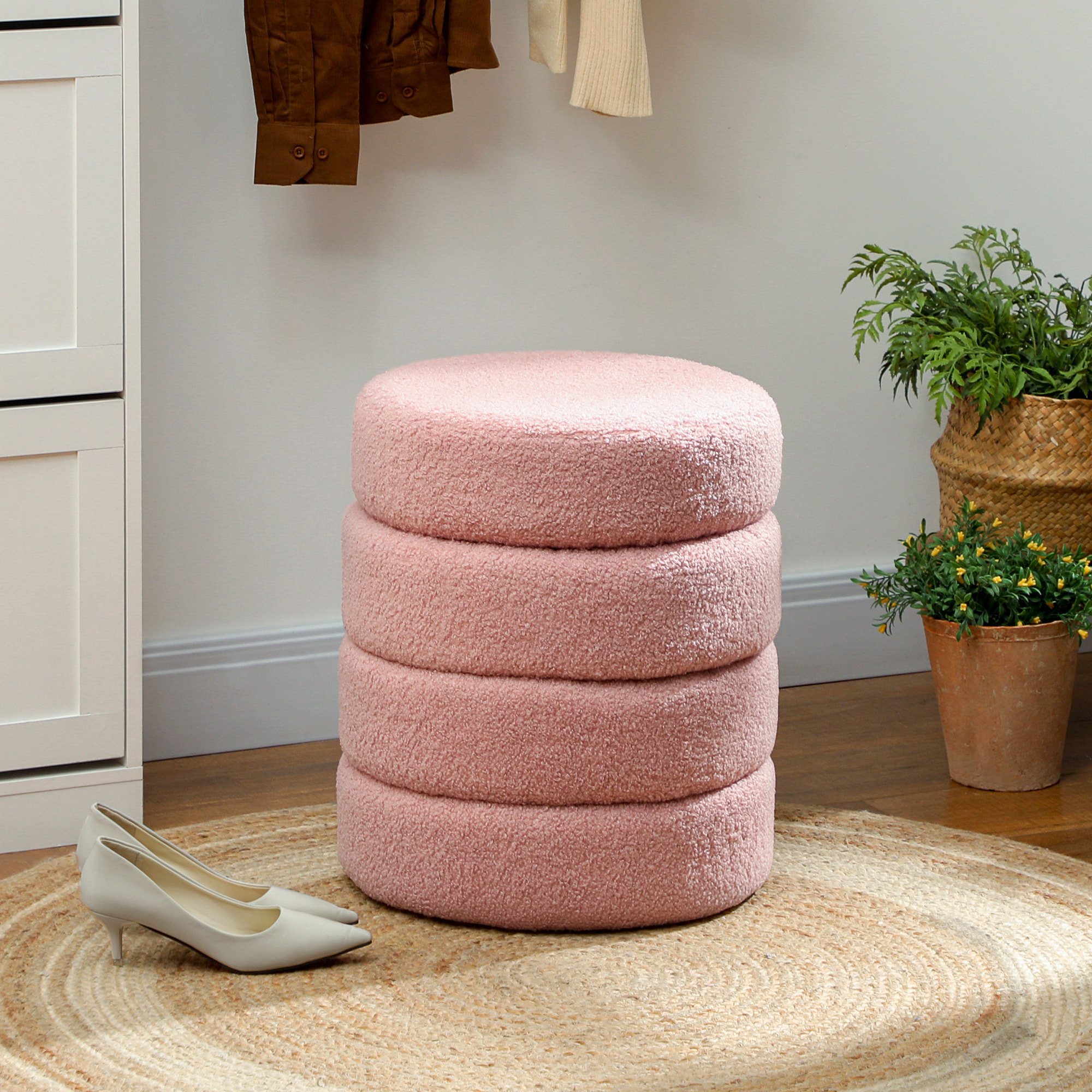 Pouf design bouclette dia. 40 x 45 cm vieux rose