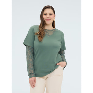 Fiorella Rubino - Camiseta con mangas y escote de encaje - Verde militare