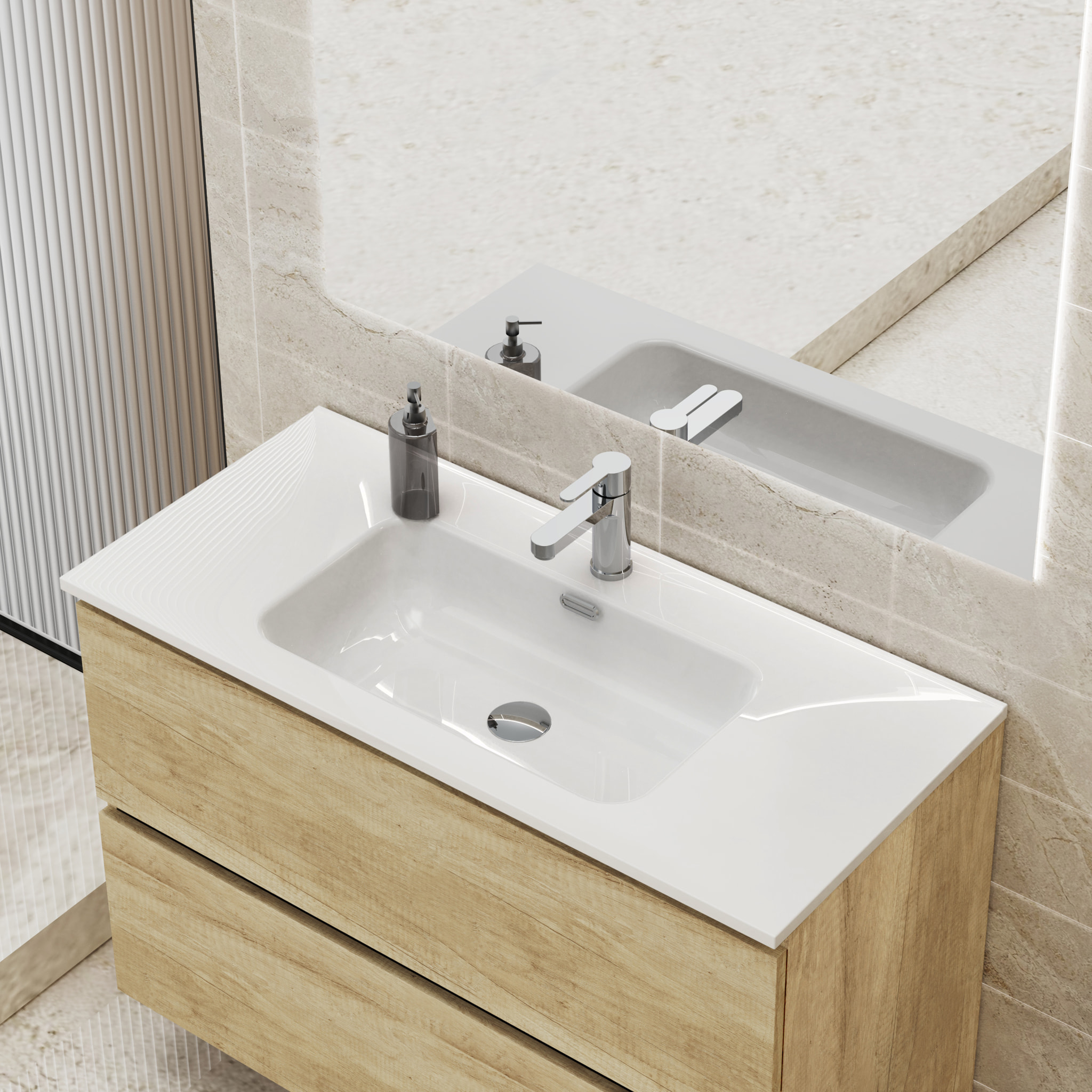 CONJUNTO DE BAÑO GLOOM | MUEBLE DE BAÑO SUSPENDIDO | 90 CM NATURE| DOS CAJONES | LAVABO ENCASTRADO | MUEBLE MONTADO | ALDAY