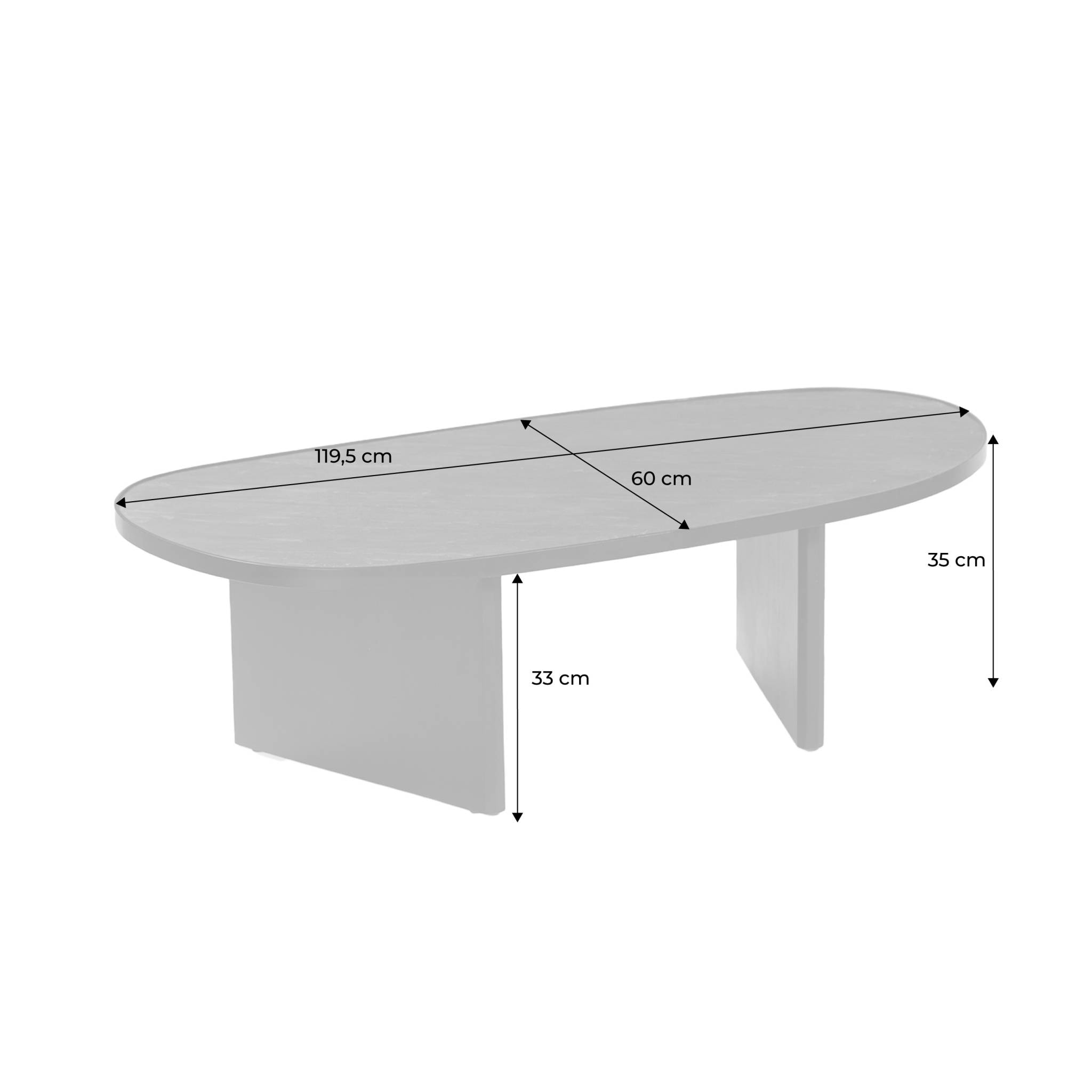 Table basse ovale bois de manguier et placage pierre noire. rebord en métal. L 119.5 x P 60 x H 35cm