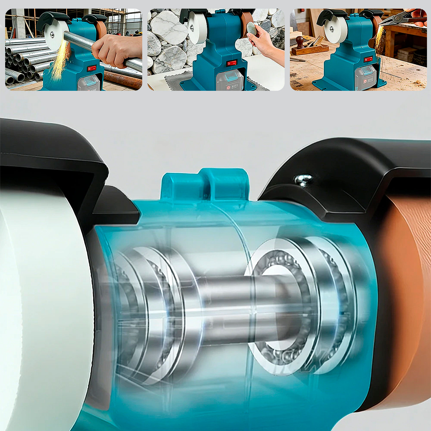 Amoladora industrial de banco de 21V. Incluye dos baterías de 7500mAh.