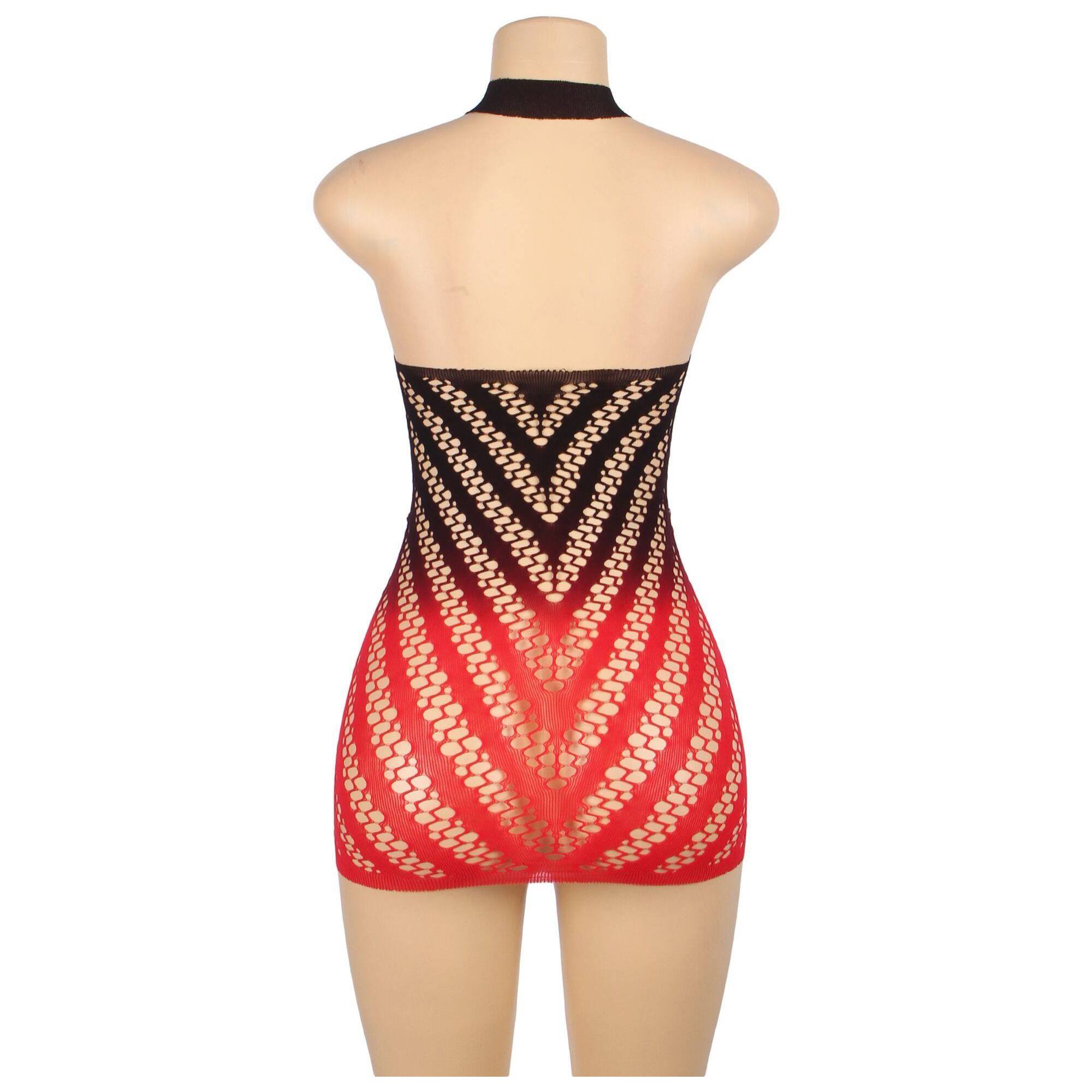 Bodystocking de red elástica con degradado bicolor negro y rojo