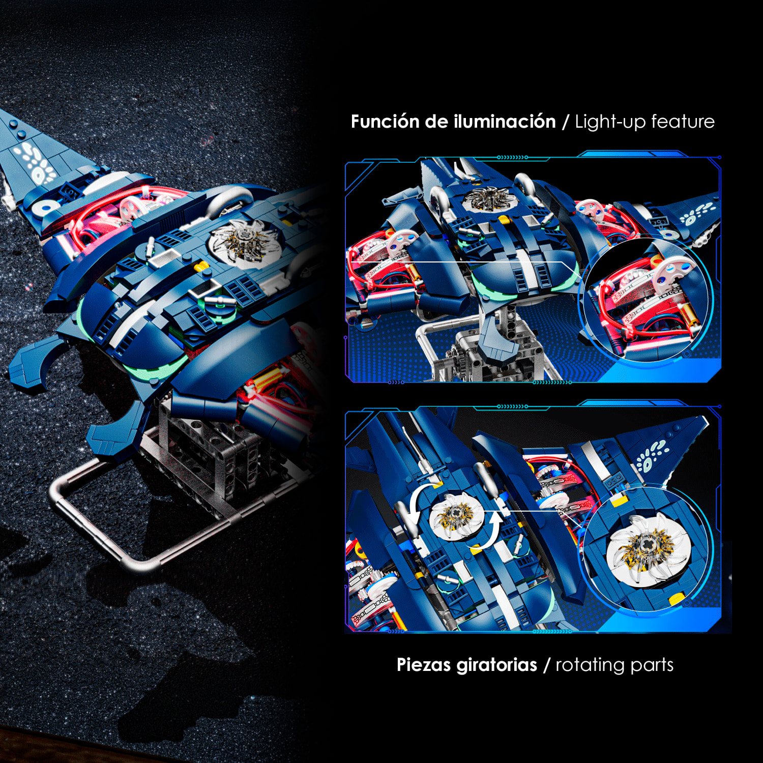 Maqueta 3D mecanizada de manta raya con 966 piezas, equipada con luces y mecanismo de manivela que permite movimiento dinámico.