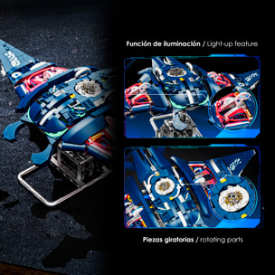 Maqueta 3D mecanizada de manta raya con 966 piezas, equipada con luces y mecanismo de manivela que permite movimiento dinámico.