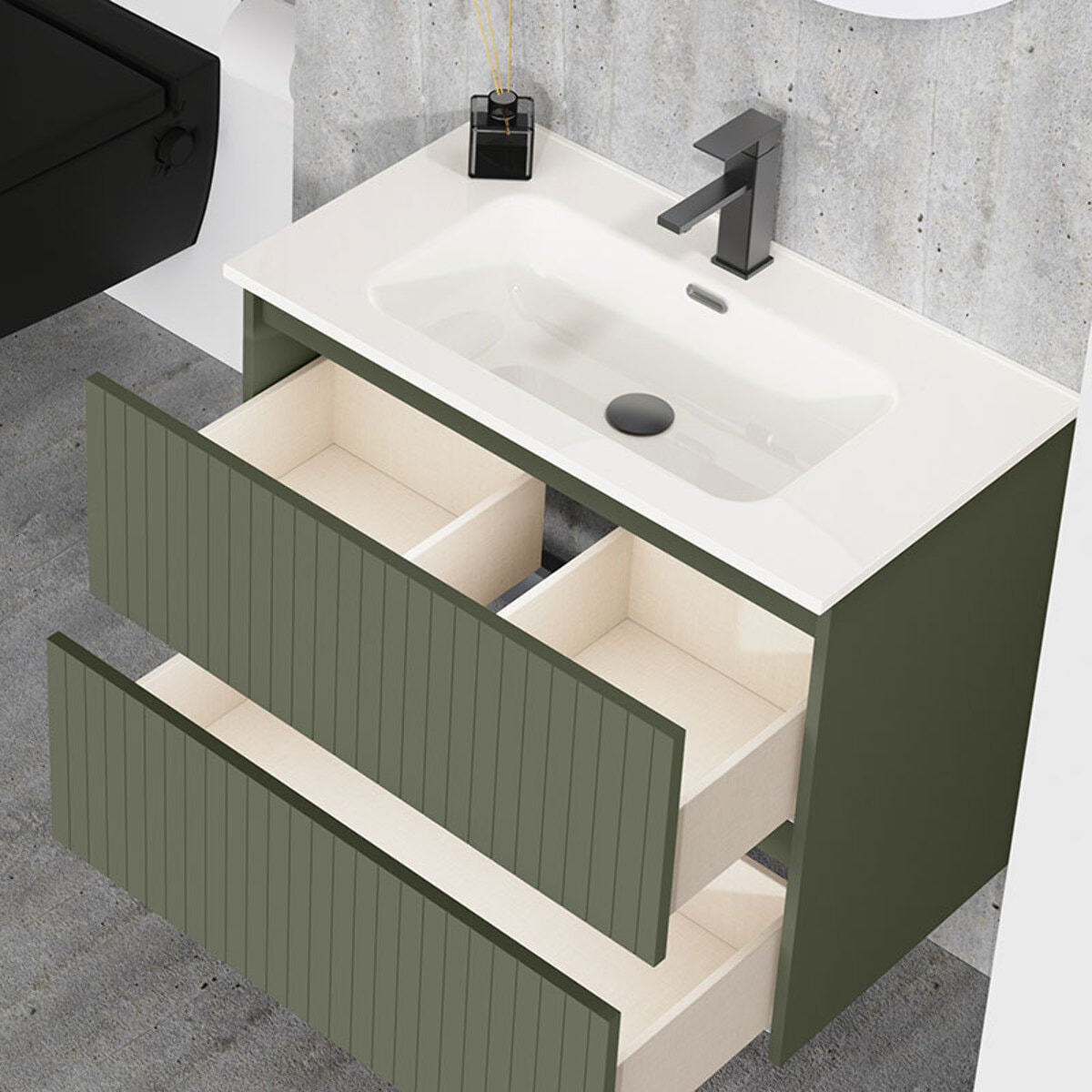 Conjunto de Baño Miya | Mueble de Baño Suspendido | 80 cm Verde Musgo| Dos Cajones | Lavabo Encastrado | No incluye Espejo | Alday