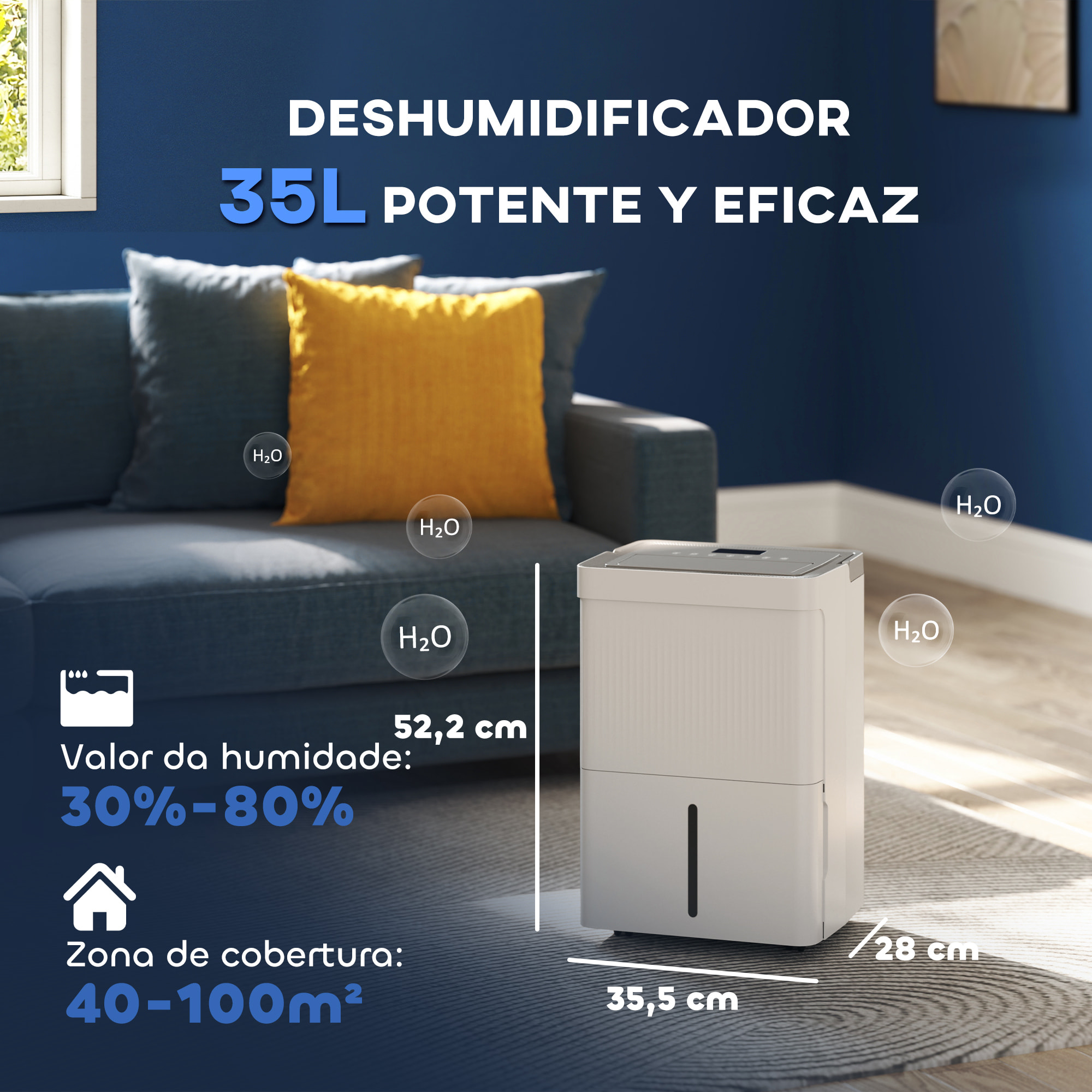 Deshumidificador 35L/día Depósito de Agua 5,5L Deshumidificador Eléctrico con Pantalla LED Temporizador 24 H Bloqueo Infantil y Drenaje Continuo hasta 40-100Ã£Å½Â¡ Blanco