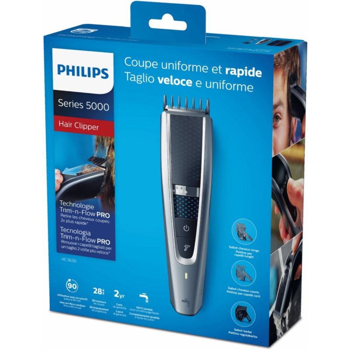Tondeuse multi usages PHILIPS HC5630/15, molette réglable, 28 hauteurs de coupe, précision 1 mm, autonomie 90 mn