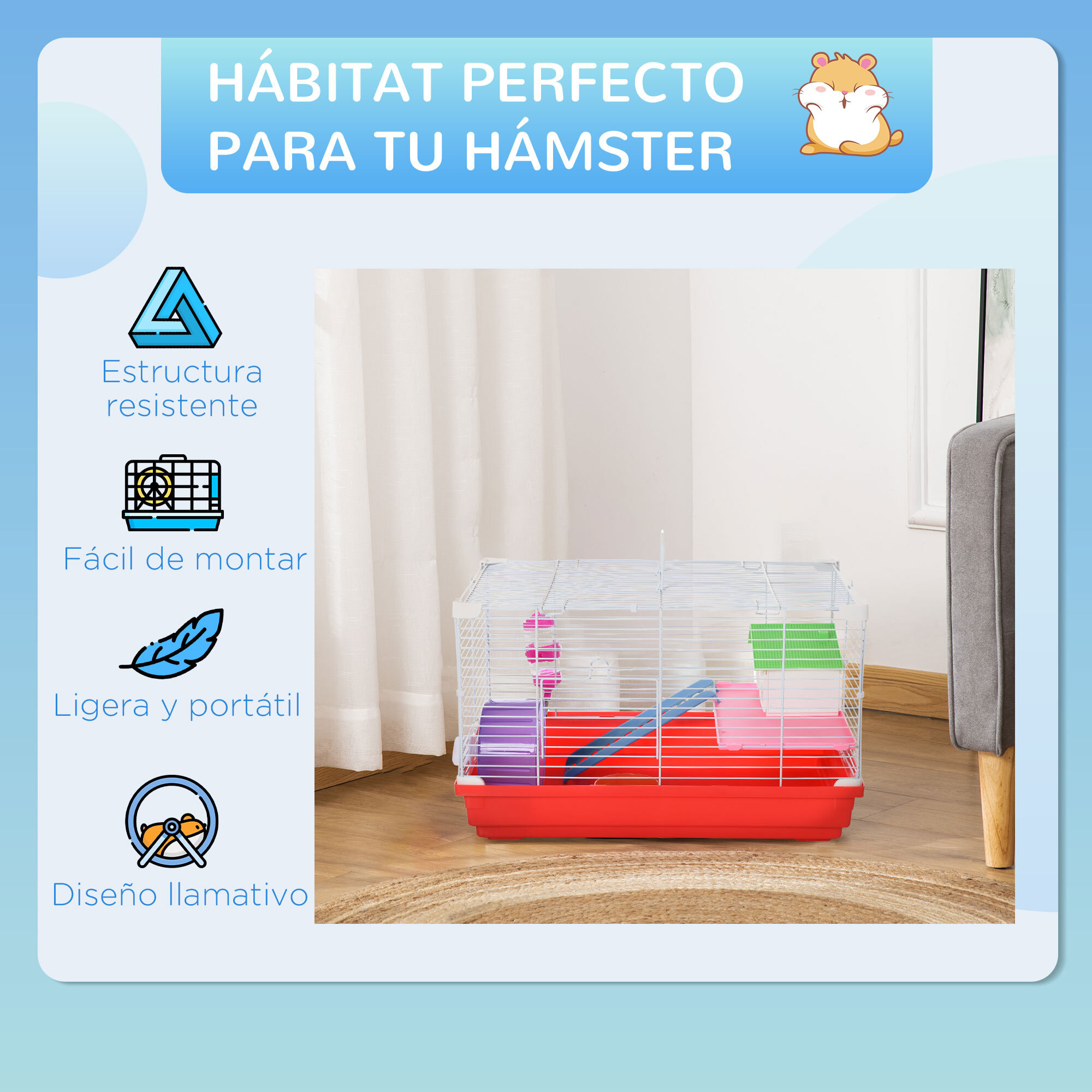 Jaula para Hámster Casa para Hámster 47x30x27 cm con 1 Piso Comedero Bebedero Rampa Rueda de Ejercicio para Animales Pequeños Blanco y Rojo