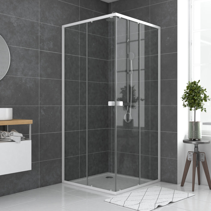 Porte de douche carrée blanc extensible 77 à 90cm de largeur - verre transparent - WHITY