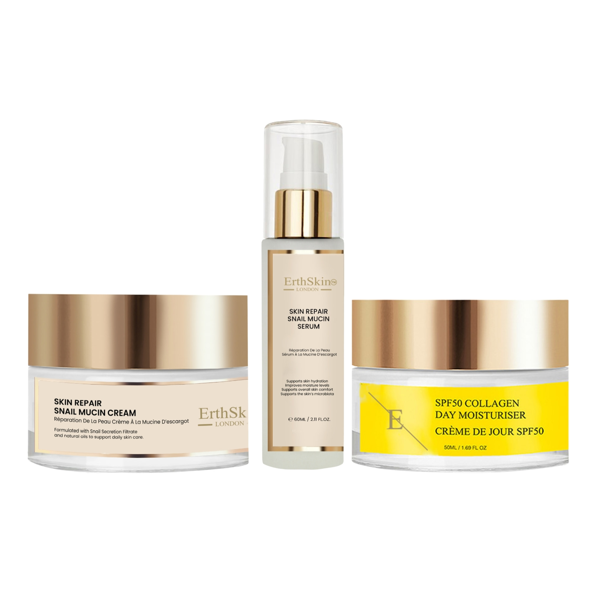 Crema reparadora de caracol + sérum de caracol + crema de día con SPF 50