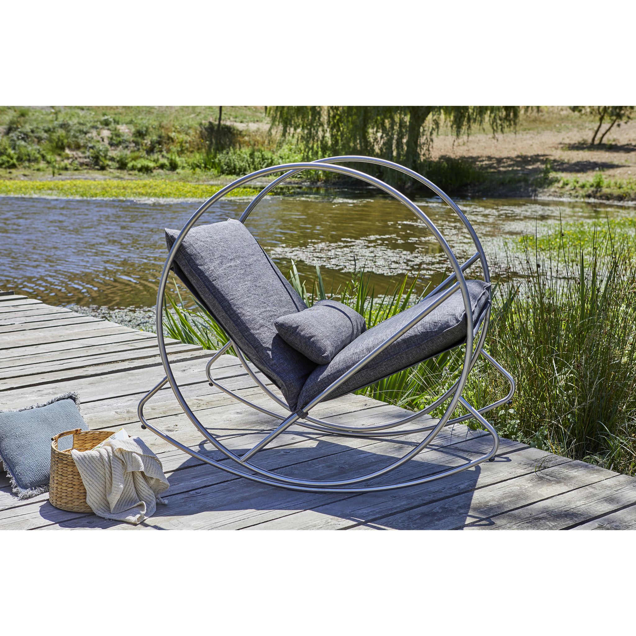 CAPRERA - Fauteuil à bascule de jardin en inox et toile plastifiéee