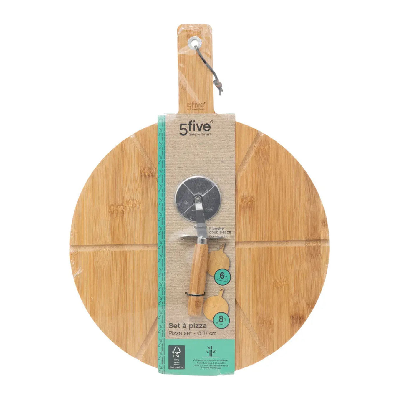 Planche à découper pizza avec roulette bambou 37cm