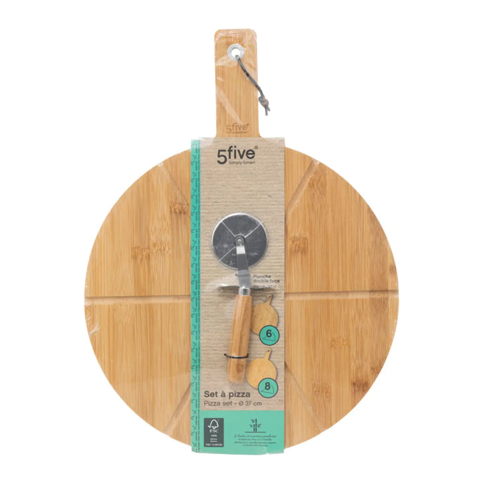 Planche à découper pizza avec roulette bambou 37cm