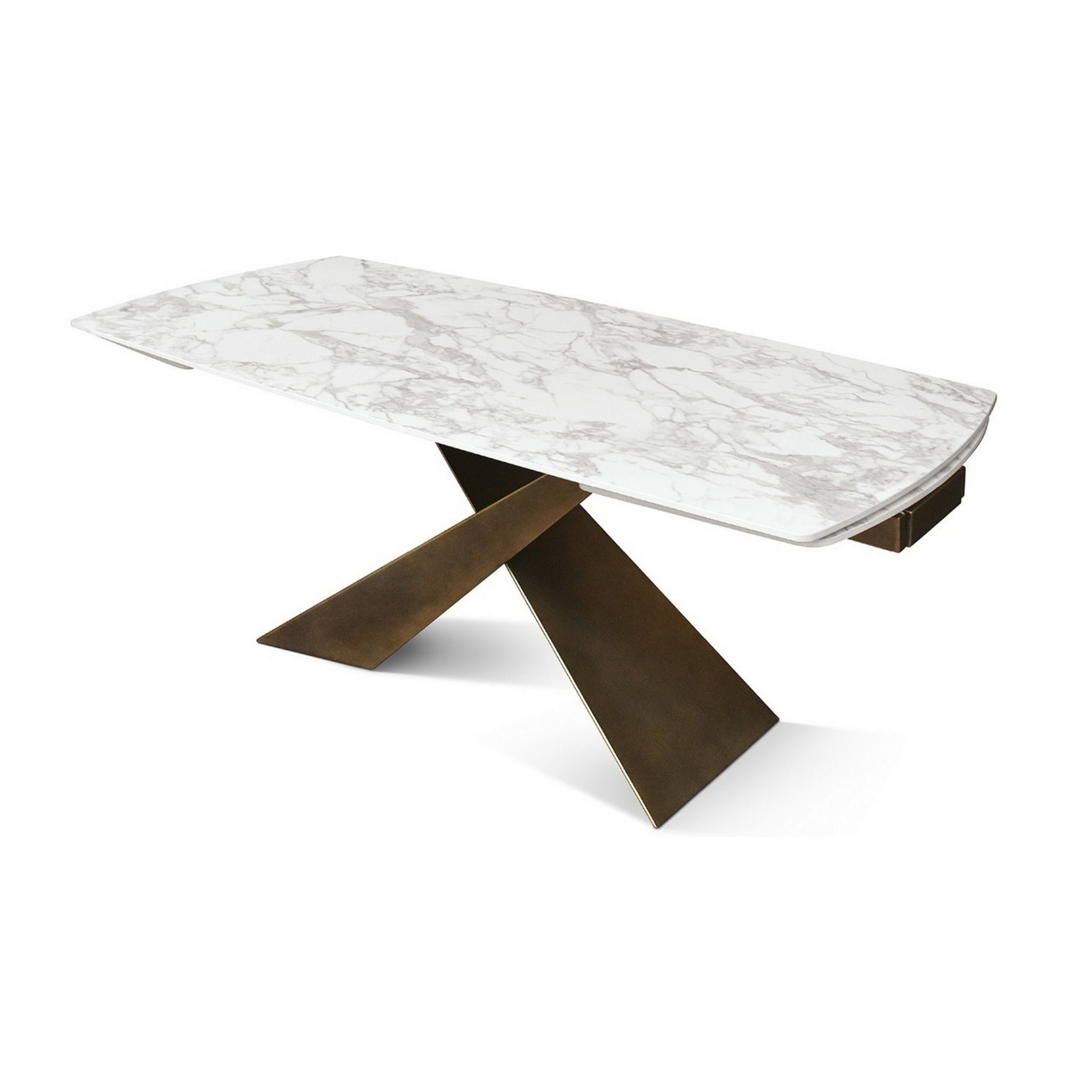 Tavolo FIGARI in vetroceramica bianco arabesco con gambe a X in metallo bronzo, allungabile 160x90 cm - 240x90 cm