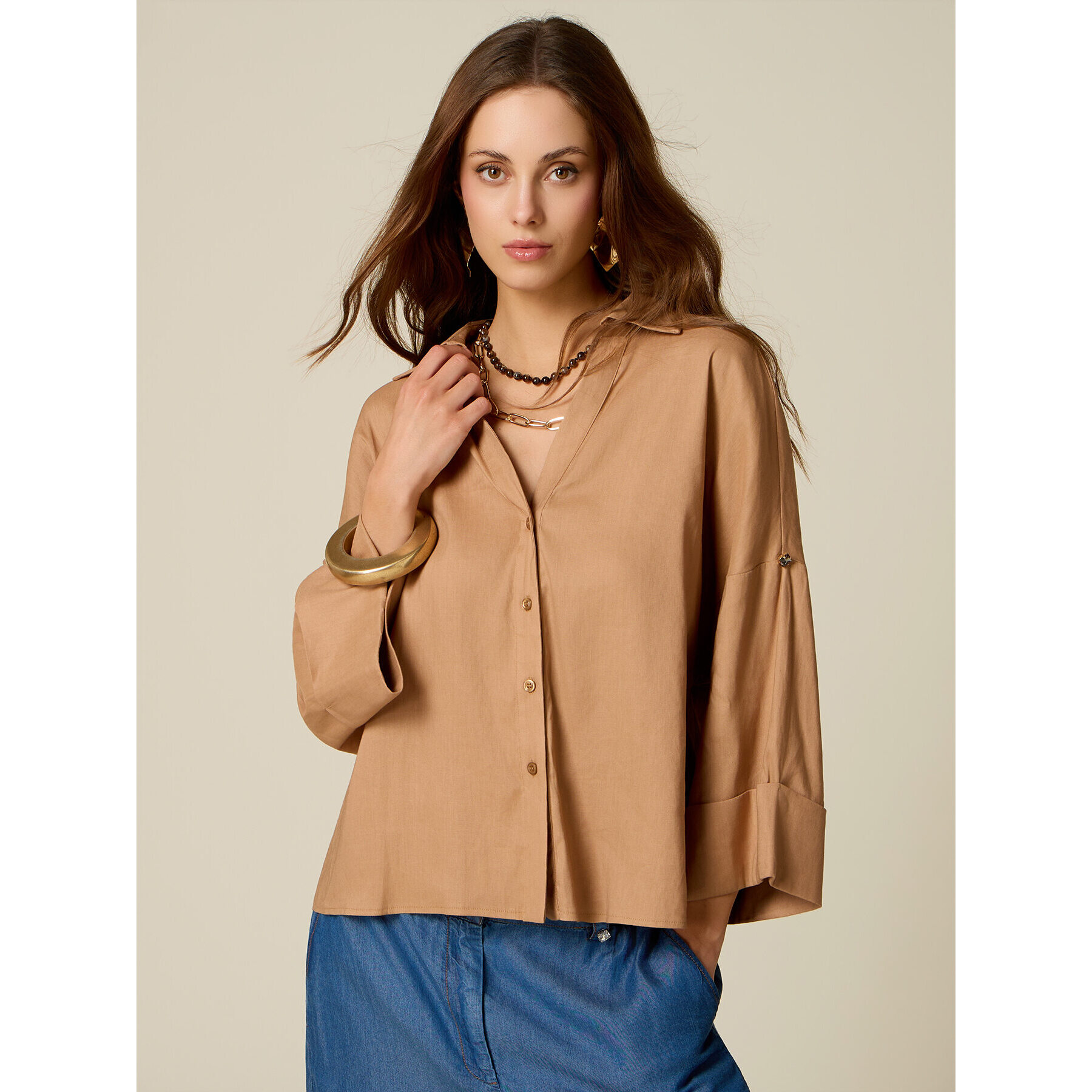 Oltre - Camicia boxy misto lino - Beige