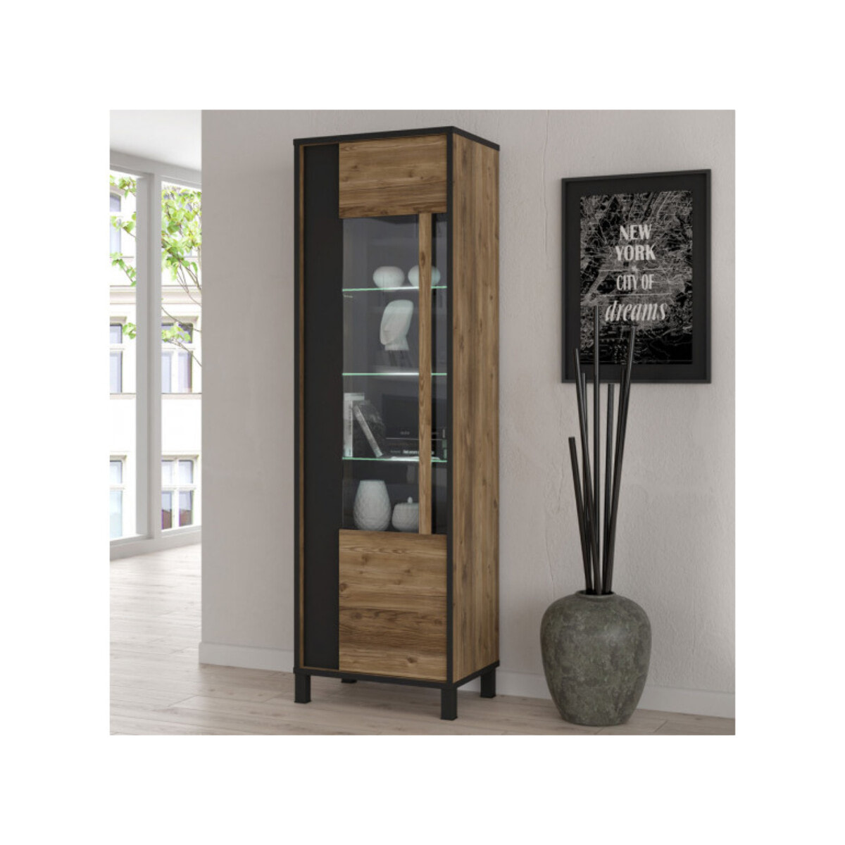 Vitrine haute H.194 cm en bois effet chêne et noir - YAL