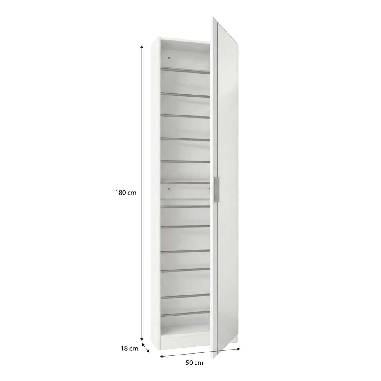 Zapatero alto de 1 puerta con espejo en blanco brillo 180x50 cm Roma Blanco Brillo