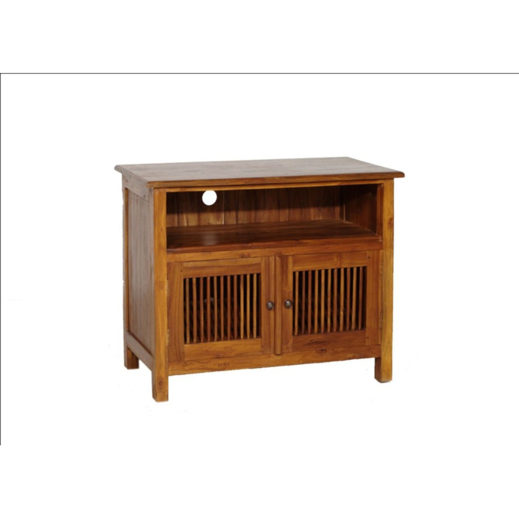 API - Meuble TV marron 2 portes persiennes bois Teck