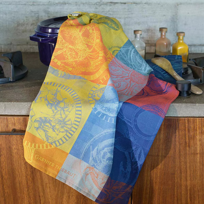 Torchon pur coton motif jacquard bleu jaune Sea food citronne