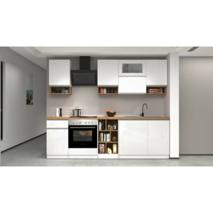 Cucina completa Dceccaron, Cucina pratica e salvaspazio, Parete da cucina con 8 ante e 1 cassetto, 100% Made in Italy, 255x60h85 cm, Bianco lucido e Rovere