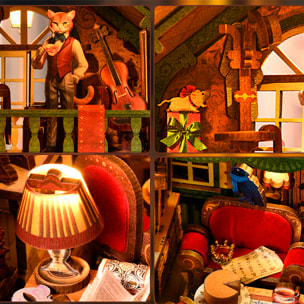 Oficina de Gatos. Book Nook de madera, diseño 3D realista con gran detalle, cubierta y luces led.