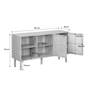 Buffet 3 portes et 3 étagères cannage et effet bois. Piètement et poignées en bois de sapin. buffet bas. L 120 x P 39 x H 70cm CAMARGUE