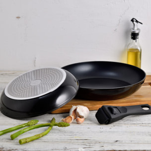 Set de 2 Sartenes Ø24Ø28cm con Mango extraíble + 3 Cazos Ø16Ø18Ø20cm con Mango extraible - en Aluminio prensado color Negro Click&Cook Bergner