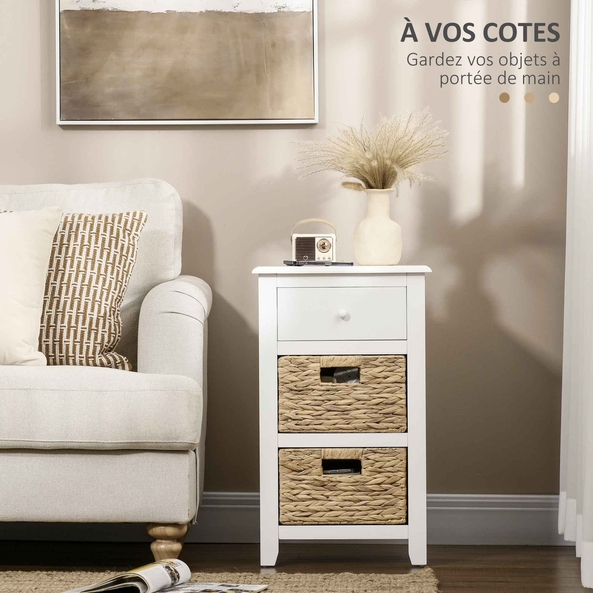 Chifonnier 3 tiroirs style cosy chic jacynthe d'eau MDF blanc