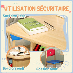 Ensemble table et chaises enfant - 4 bacs de rangement inclus - MDF bois pin clair rouge bleu