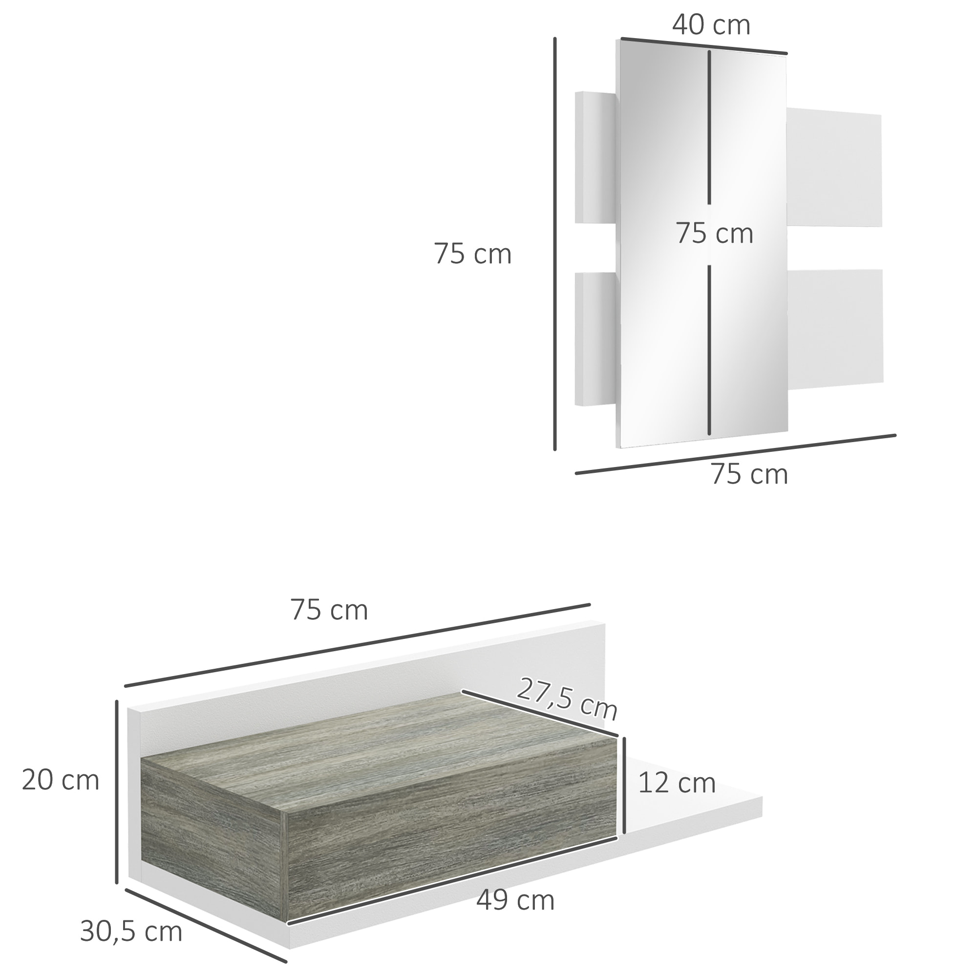 Juego de Muebles de Entrada Recibidor con Espejo y Cajón Recibidor Colgante para Pasillo Estilo Moderno 75x3,5x75 cm y 75x30,5x20 cm Blanco y Gris