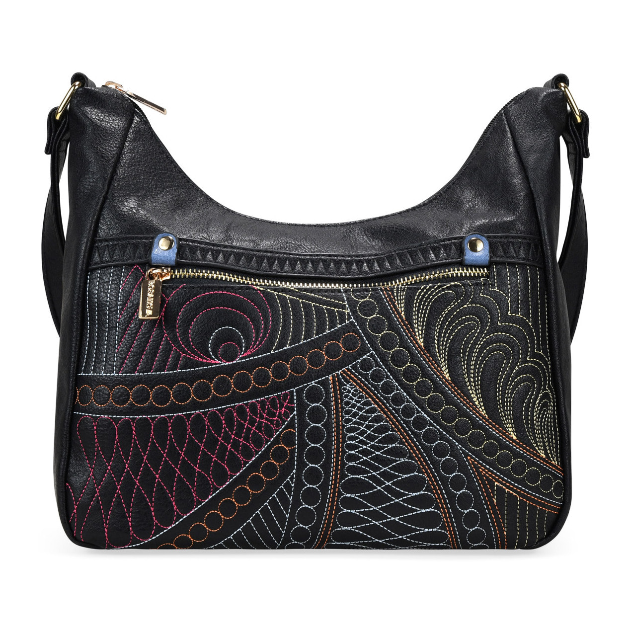 Bolso bandolera negro con cosidos y cremallera