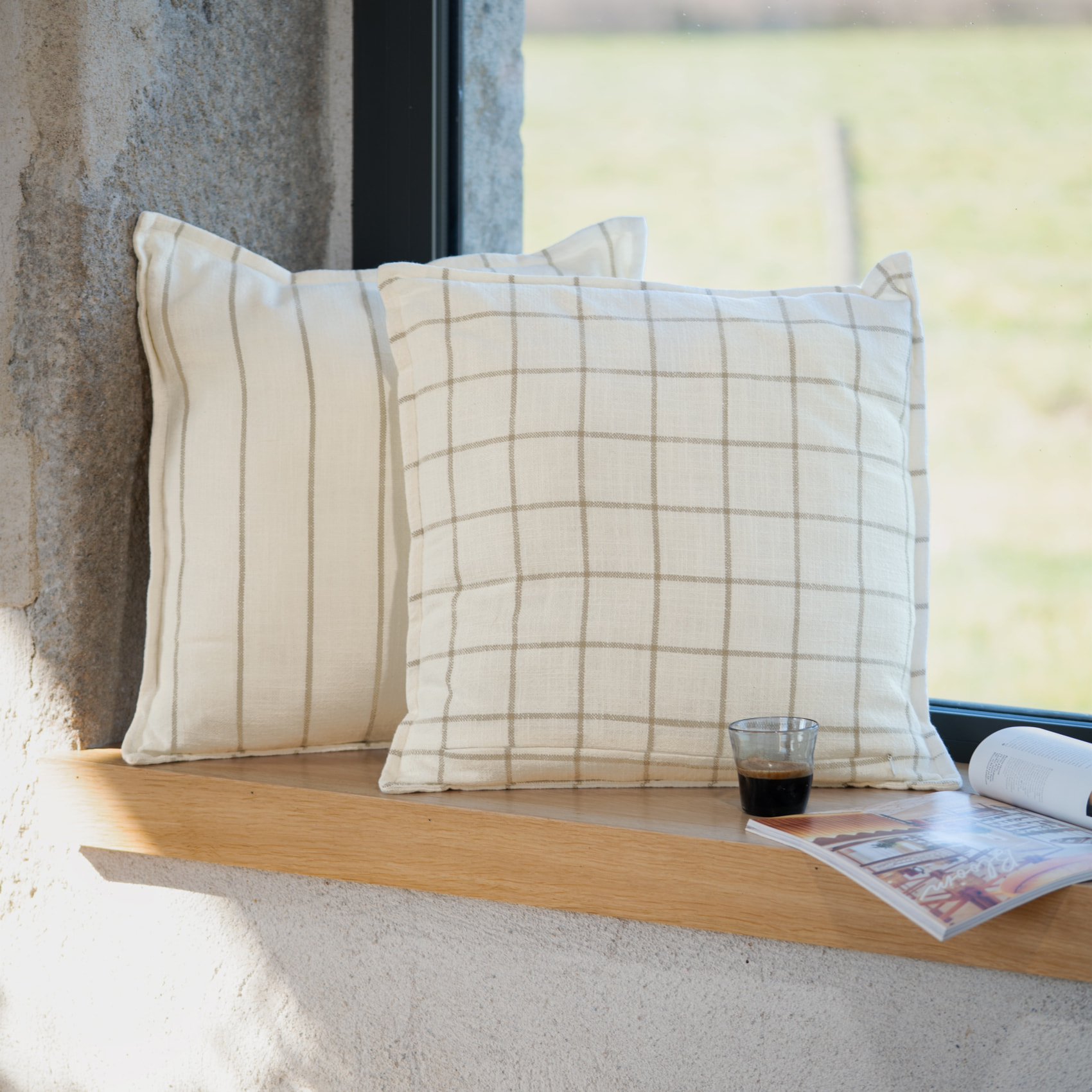 Housse de coussin 100% coton rayures et carreaux LOURMARIN - Beige