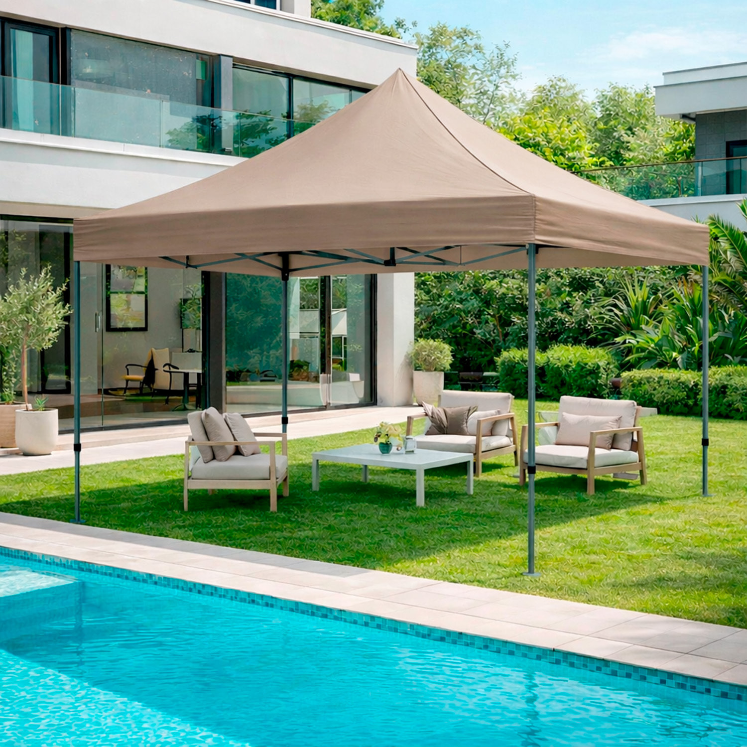 Gazebo Professionale 3x3 M Richiudibile Automatico In Acciaio Con Telo Oxford 1200D PVC Impermeabile e Anti UV A Fisarmonica con Sacche Tortora