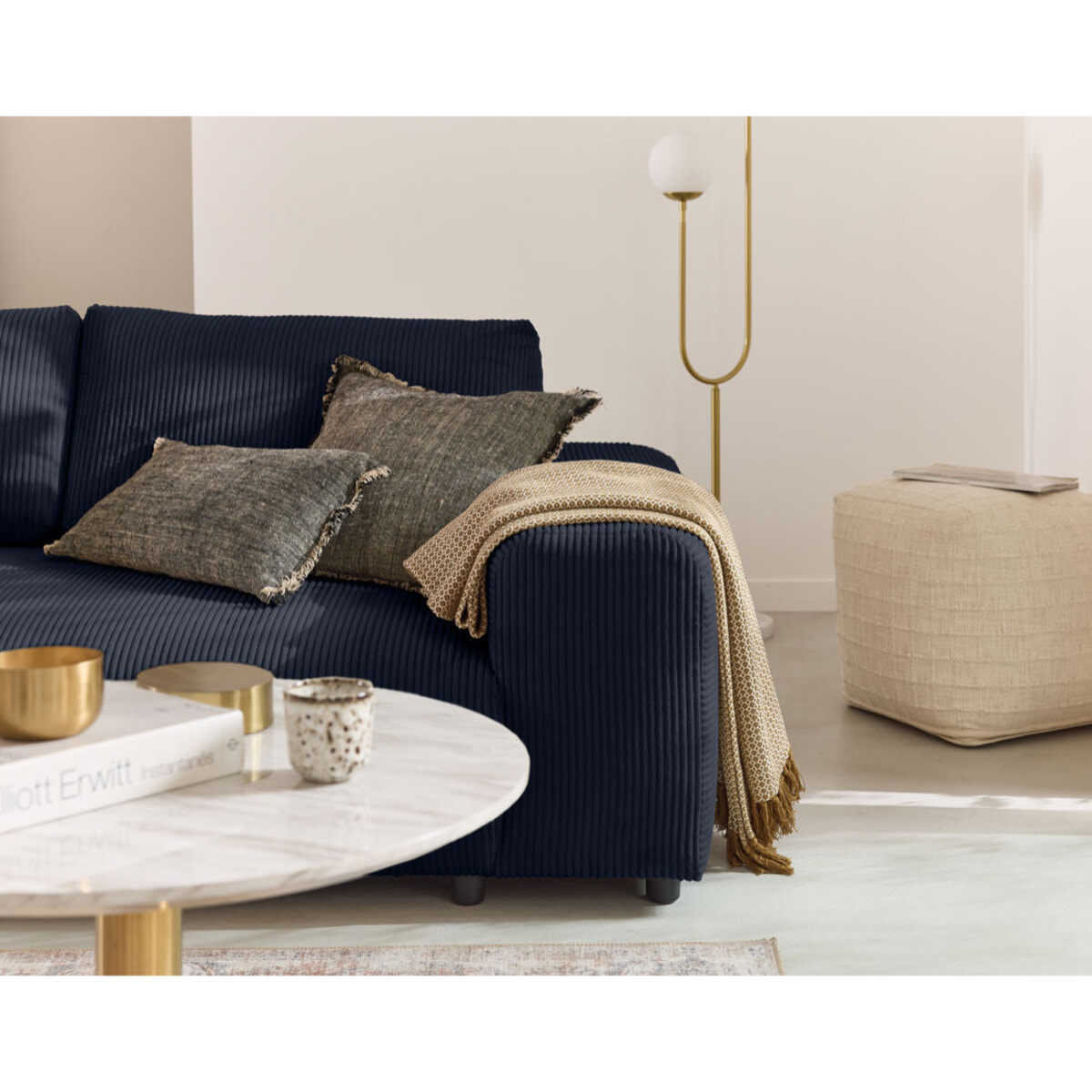 Garance - canapé droit 3 places - en velours côtelé - Bleu nuit