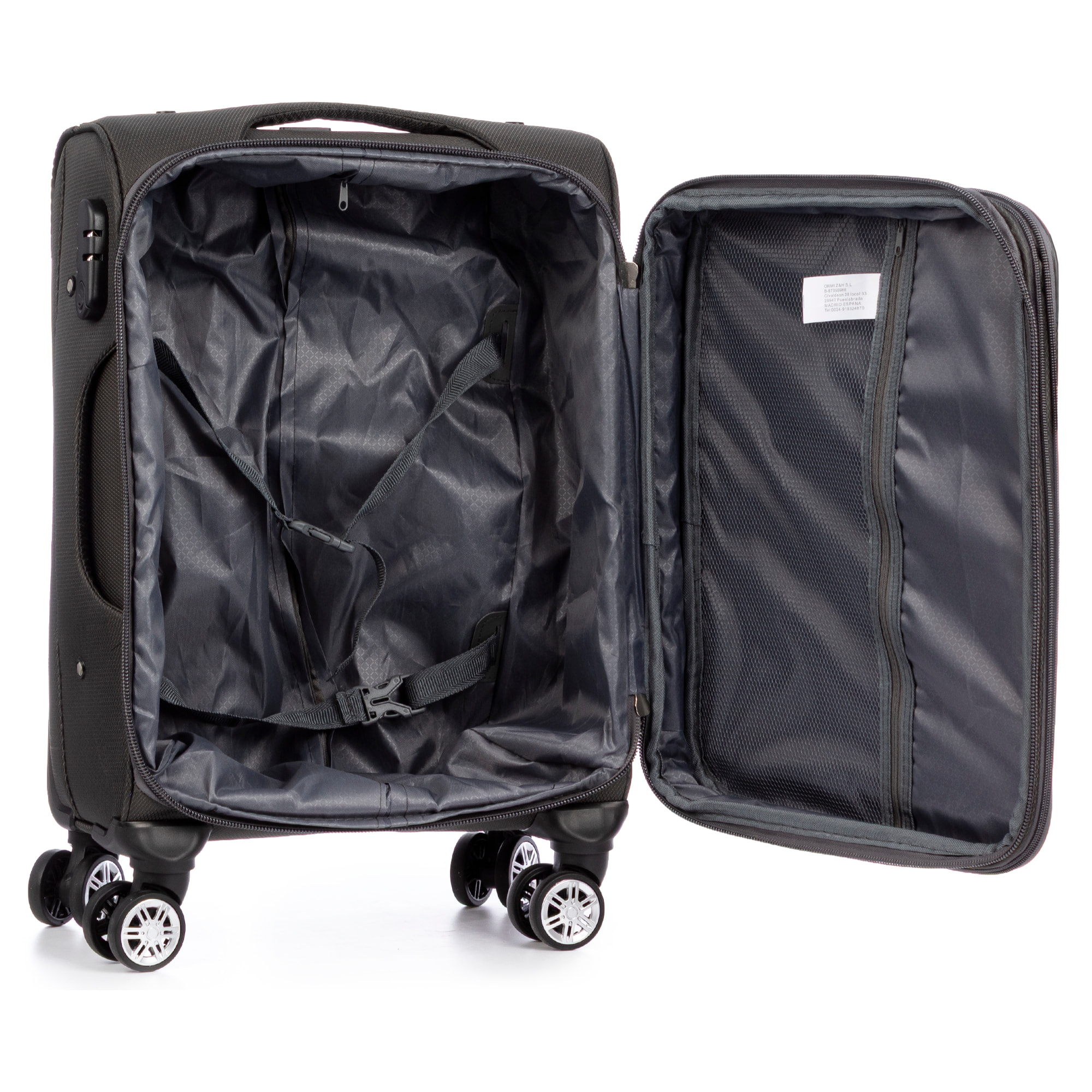 Set di 3 valigie Trolley espandibili in tessuto, semi-rigide. Chiusura numerica, 4 ruote girevoli a 360°.