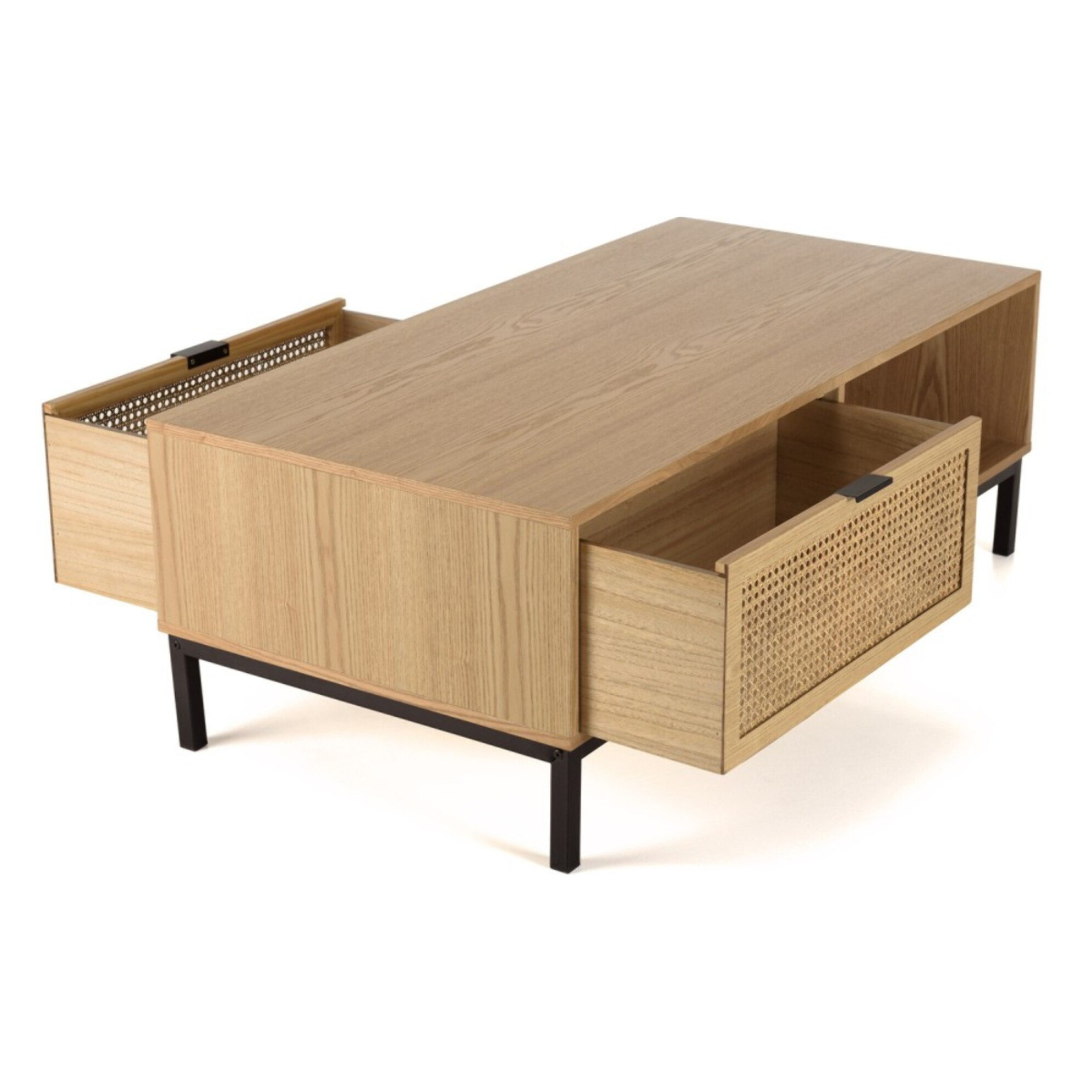MARCEAU - Table basse 1 niche 2 tiroirs cannage naturel pieds métal noir