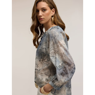 Motivi - Blusa de muselina de algodón con estampado - Light - blue