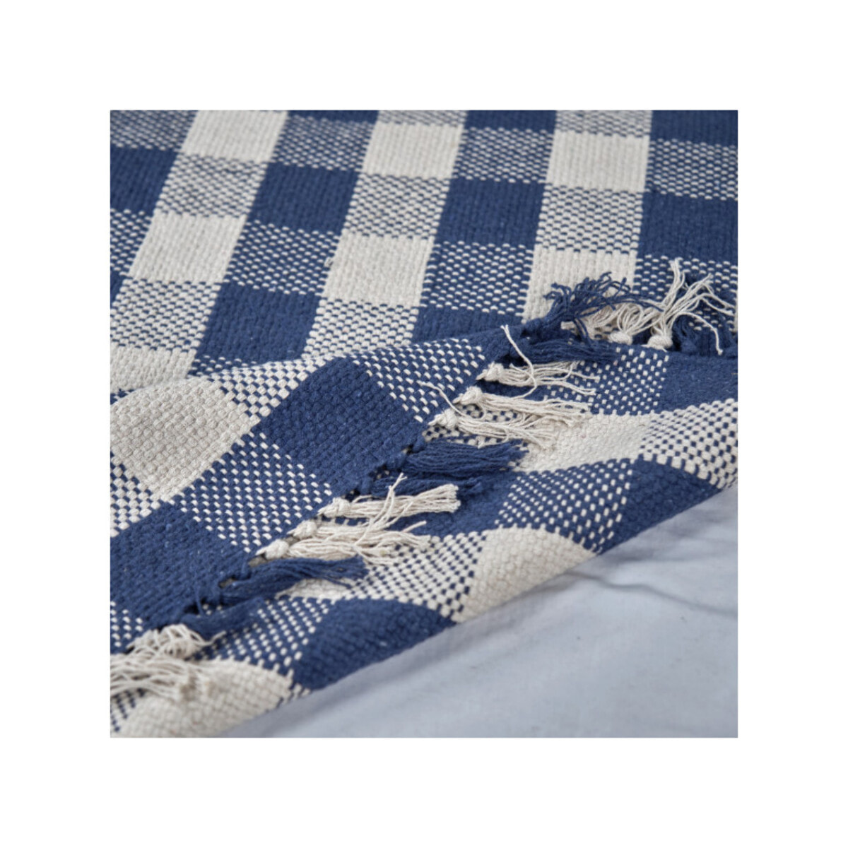 Tapis en coton avec carreaux bleu et blanc et franges - DENIM