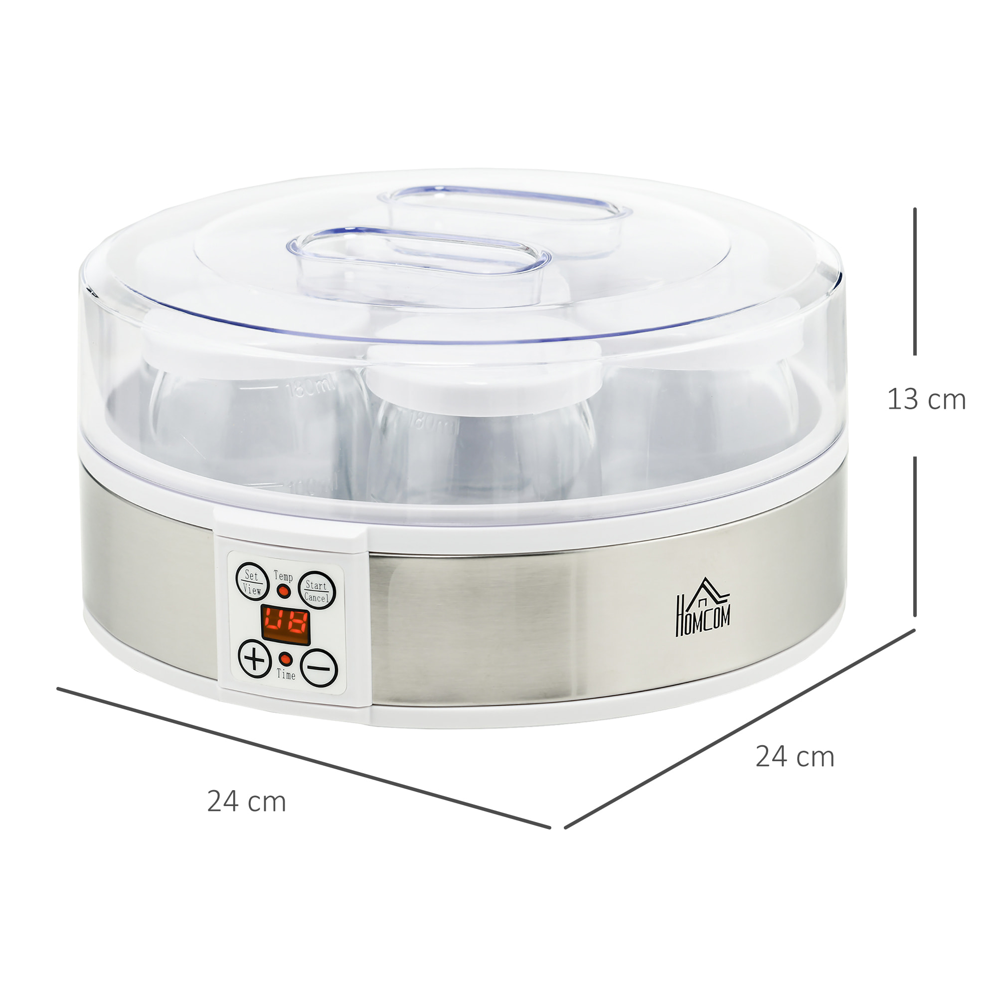 Yogurtera 20W Capacidad 1,26L Máquina de Yogur con 7 Tarros de Cristal de 180 ml Termostato Ajustable Temporizador de 1-48 Horas y Pantalla LED 24x24x13 cm Blanco