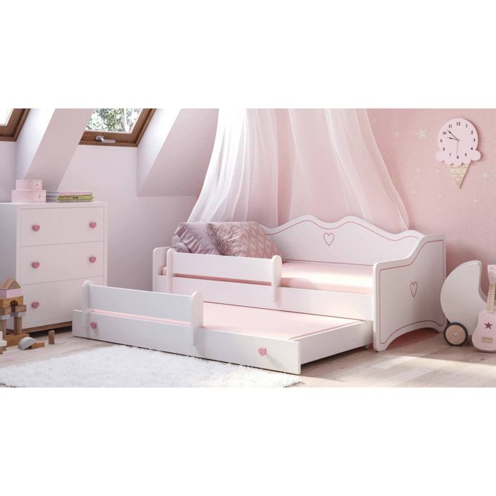 Letto singolo per bambini, Divano letto con secondo lettino estraibile, Lettino con decorazione con protezione anticaduta, cm 164x88h70, colore Bianco e Rosa