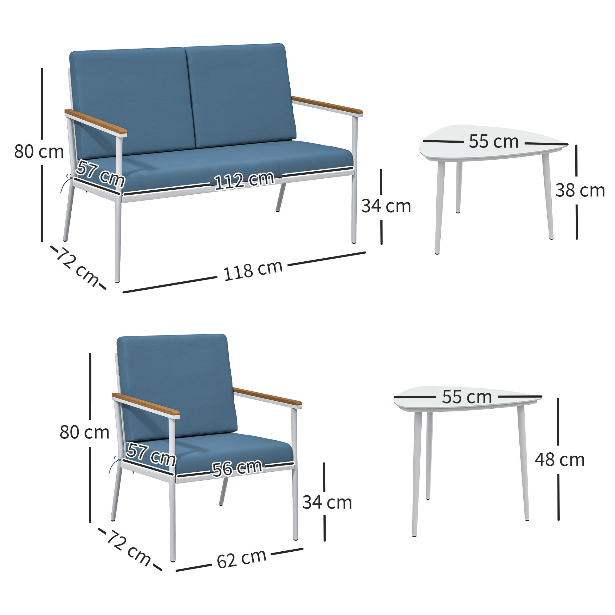 Salon de jardin 4 personnes 5 pièces 2 tables basses gigognes acier blanc accoudoirs effet bois coussins bleu