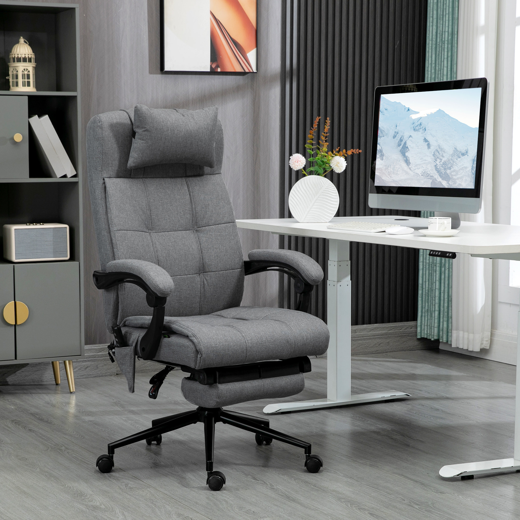 Chaise de bureau ergonomique design - fonctions massante et chauffante - inclinable, réglable - repose-pied - tissu gris