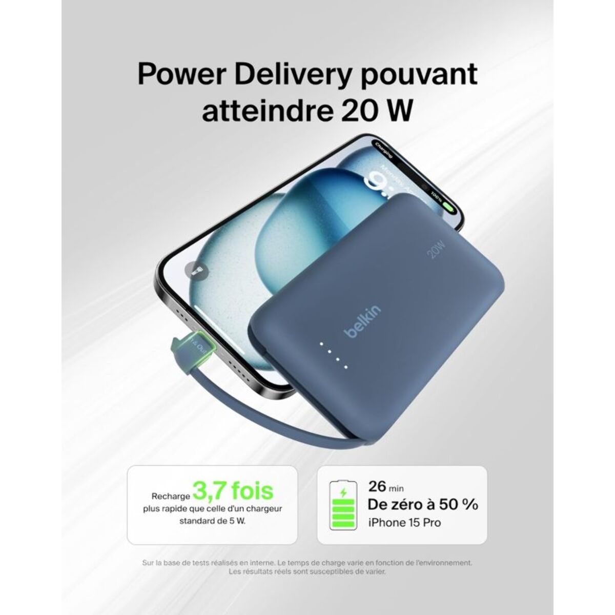 Batterie externe BELKIN 10000 mAh avec cable USB-C intégre bleu