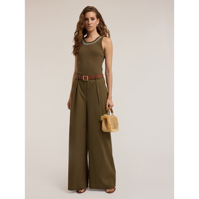 Motivi - Pantaloni palazzo in popeline - Verde militare