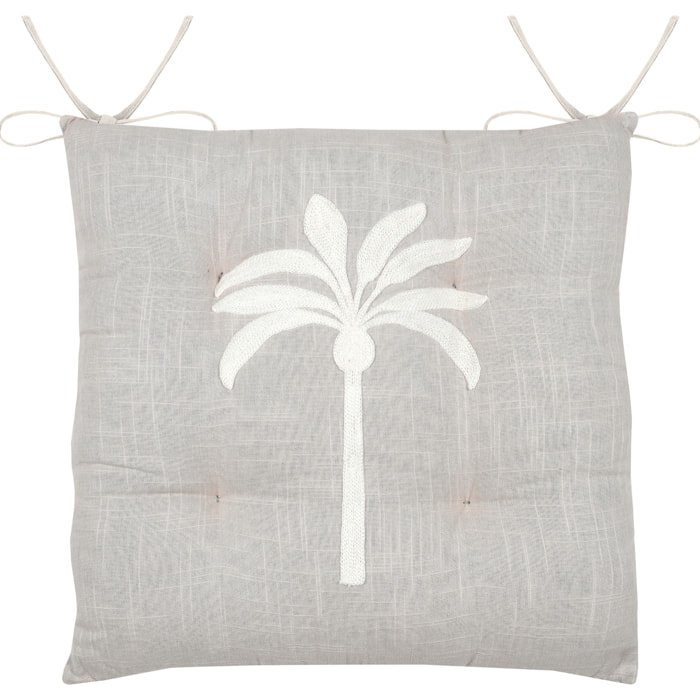 Galette de chaise brodée motif palmier - Gris
