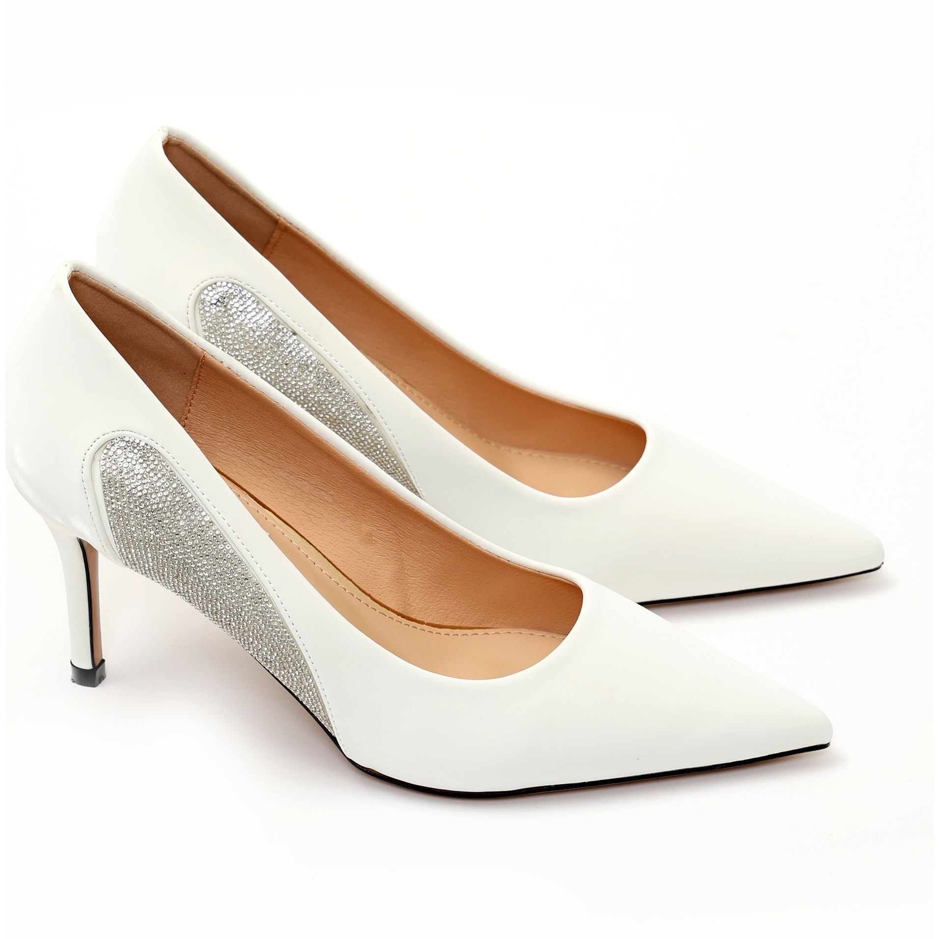 Dècolletè pumps in simil pelle verniciata con strass laterali