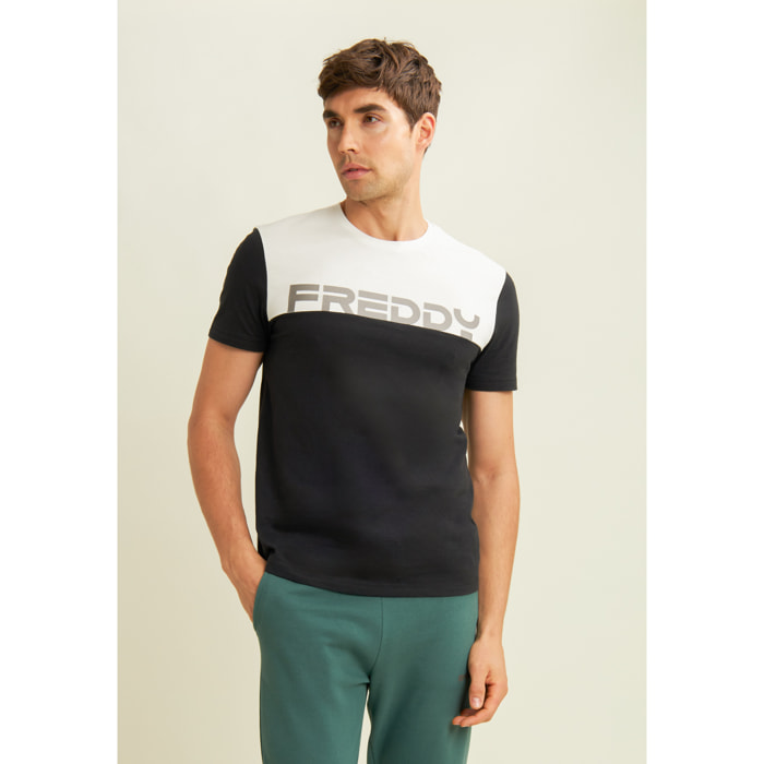 T-shirt colour block con stampa sulla spalla