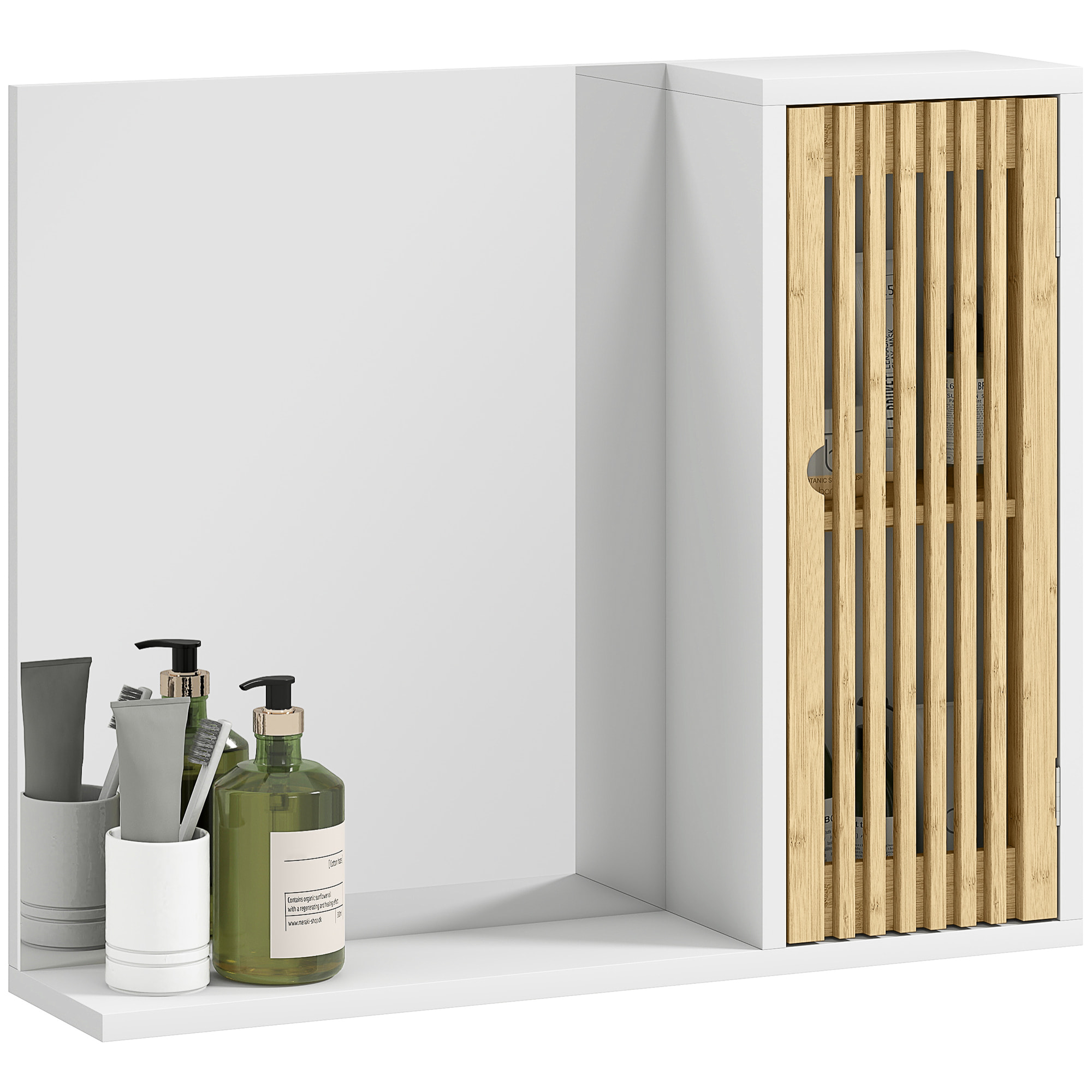 Espejo de Baño 60x50 cm, Espejo de Pared con Puerta de Listones de Bambú, Estantes de Almacenaje, Blanco y Natural