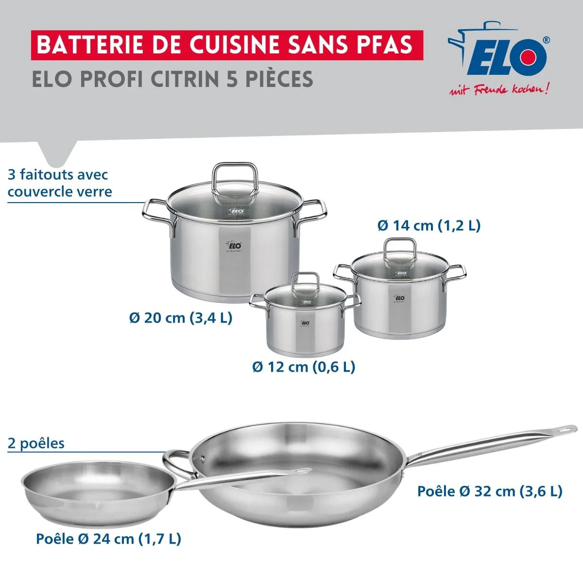 Ensemble de 2 Poêles de cuisson 24 et 32 cm et 3 faitouts 12, 14 et 20 cm Elo Profi Citrin